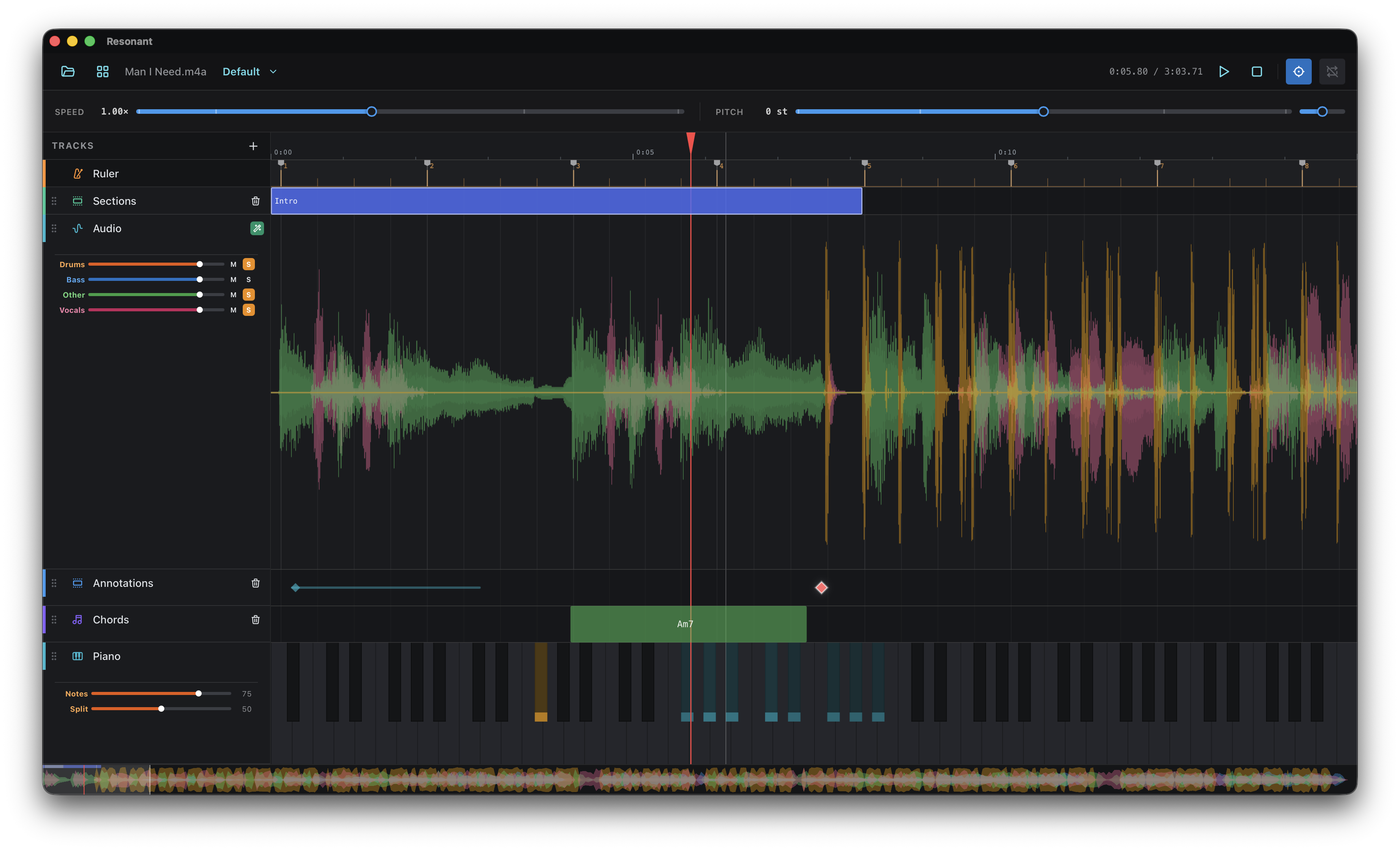 Resonant desktop app showing separated audio stems, pitch controls, timeline markers, chords, and piano analysis.